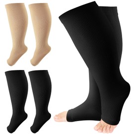 Bgtecho 2 Pairs Plus Size Compression Socks,15-20mmHg Open Toe Compression Stockings,Toeless Wide Calf Knee Compression Sock for Circulation Support(7XL-Nude color&Black)