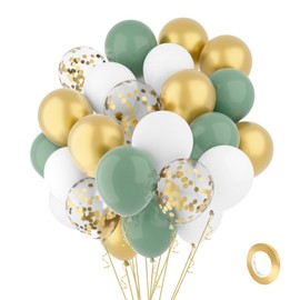 Balloons Sage Green Gold White Gold Confetti Balloons 60 Pieces Helium Balloons Set with 1 Roll Gold Ribbon as Birthday Anniversary Party Decoration