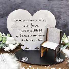 Celebrate Loved Ones with Our 'Because Someone We Love is in Heaven' Heart on Stand with Miniature Chair - Gold Snowflake Christmas Memorial and Remembrance Keepsake (Silver Snowflakes)