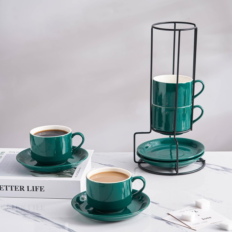 YOLIFE 8oz Porcelain Stackable Cappuccino Cups with Saucers and Metal
