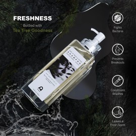 Aprilous Makeup Brush Cleaner, Tea Tree Oil, Shampoo for Sponges & Puffs, Deep Cleaning, Antibacterial, Conditions Bristles, Gentle, Vegan & Cruelty-Free, Large Value Size, 25.36 fl oz