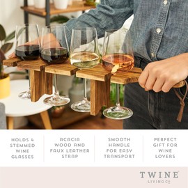 Twine Easy Wine Flight Server, Wine Tasting Carrier Board, Holds 4 Stemmed Wine Glasses, Acacia Wood Serving Tray, Set of 1