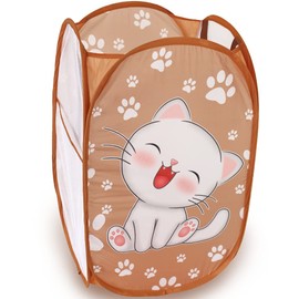 WEI LONG Cute Foldable Pop Up Hamper - Mesh Laundry Basket Durable Handles Toys Tidy Clothes Socks Storage Bag (Khaki Cat Paw)