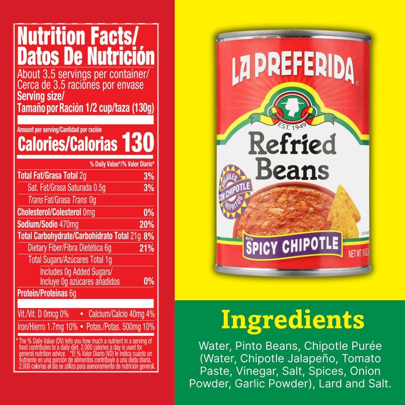 La Preferida Chipotle Refried Beans (Smoky, Spicy Beans Made with
