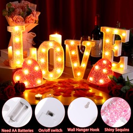 Baquler Valentine's Day Pink Love Lighted Marquee Signs Table Decor Wall Hanging for Romantic Night Battery Operated LED Light up Glitter Love Letters for Holiday Wedding Home Room Decoration