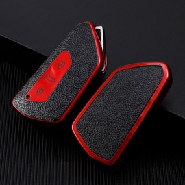 Misuyue VW Key Cover, Car Key Case for S-Koda VW Golf 8 MK8 Seat Leon MK4 Ateca Tarraco Octavia 8, 3 Buttons Car Key Cover VW Made of Leather and TPU (Red)