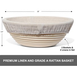 Premium Bread Proofing Set with Acacia Wood - Sourdough Bread Baking Supplies, 2 Rattan Banneton Baskets, 2 Basket Covers, Brush, Metal Scrapper, Plastic Scrapper, Scoring Lame, 5 Blades & Case