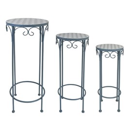 Plant Stand Set of 3 Round Ceramic Top 28" Tall Mosaic Metal Flower Stand Tile Nesting Display Side Table Indoor Outdoor Plant Rack Flower Holder for Wedding Party Patio Living Room Frame Stackable Garden Accessory Decorative (Blue)