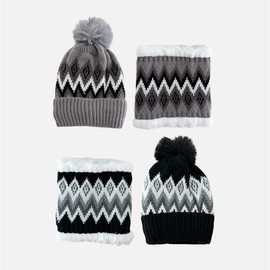 Deopseok Deopseok Winter Knit Hat & Neck Warmer Set - Unisex Daily Pattern Design for Cold Weather GS003195 Patterned Hat & Neck Warmer Set Black 2ea
