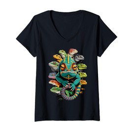 Womens Colorful Geckos Design Cool Chameleon Lizard Lover Reptiles V-Neck T-Shirt