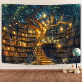 GOAOK Fantasy Library Tapestry For Classroom, Mysterious Tree Magic Bookshelf Aesthetic Tapestry, Witchy Fairytale Tree Vintage Bookshelf Book Art Tapestry Wall Hanging College 40"X30"