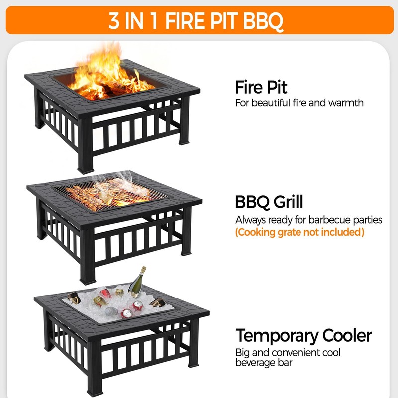 Yaheetech Multifunctional Fire Pit Table 32in Square Metal Firepit Stove