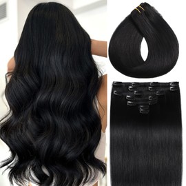 Human Hair Extensions Jet Black Clip in Hair Extensions Real Human Hair 85g Clip in Extension for Women 7Pcs 16 Inch Silky Straight Remy Human Hair #1 Clip ins