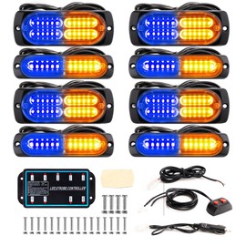 BooYu 8-pcs Sync Feature LED Emergency Strobe Lights Ultra Slim Grille Surface Mount Flashing Warning Hazard Light Bar w/Controller for Construction, Firefighter, Trucks, Vehicles, Car (Amber/Blue)