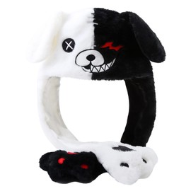 dressfan Anime Monokuma Bear Hat Moving Ears,Plush Animal Black White Bear Ears Hat Jumping Cap Funny Cosplay Birthday Christmas Easter Gifts Novelty Women Girl Boy