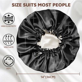 Zewurtuw 2PCS Satin Hair Bonnet Silk Bonnet for Sleeping Double Layer Reusable Elastic Adjustable Hair Caps Cute Women Girls-Black