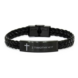 DARIN GIFT Bible Verse Braided Leather Bracelet - 2 Timothy 4:17 - Motivational Encouragement Gifts Faith Engraved Stainless Steel Adjustable Religious Jewelry Christian Cross Bracelet For Men Women