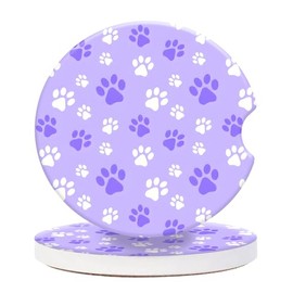 2 Pack Vintage Ceramic Car Coasters 2.56 Inch,Absorbent Car Cup Holder Coaster for Women,Auto Accessories with Finger Notch - Purple Dog Paw