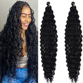 UPruyo Boho Curly Braiding Hair Ocean Deep Wave Crochet Hair Boho Braids 24 Inch 2 Packs Havana Curls Wavy Braiding Hair Pre Stretched Synthetic Bohemian Crochet Braids Hair Extensions