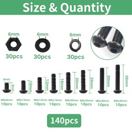 Zmbroll 140Pcs M6x8/10/12/16/20/25/30/35mm M6 Black Button Head Hex Socket Cap Screws 10.9 Grade Carbon Steel Fully Thread Machine Screws Bolts Nuts Washer Assortment Kit