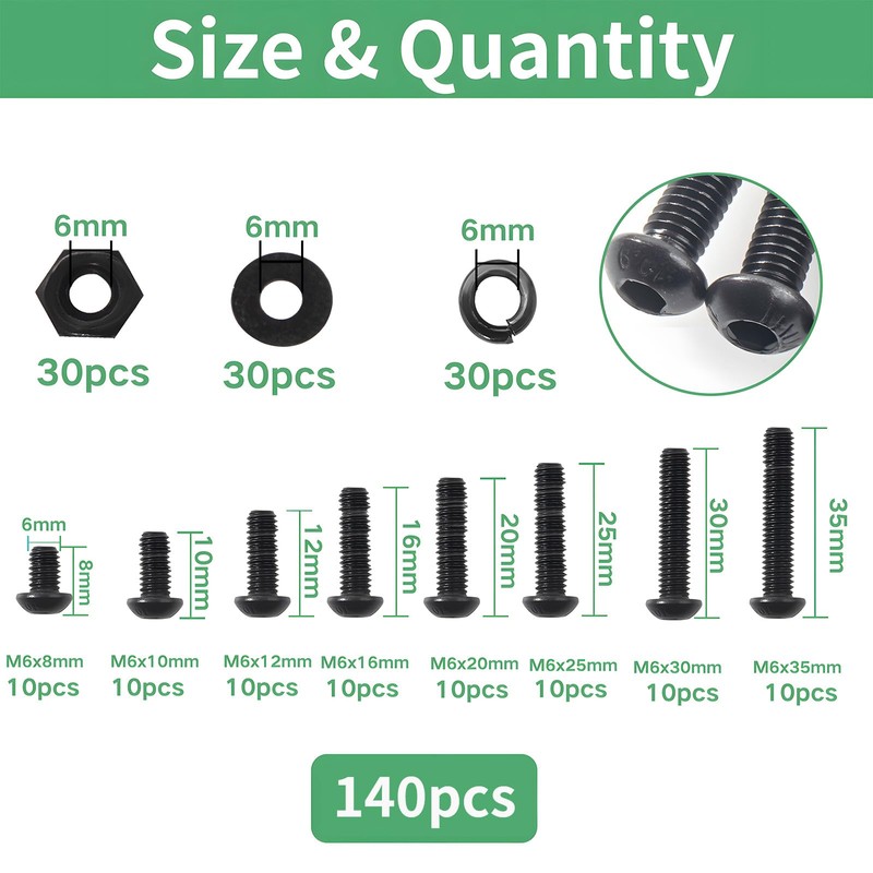 Zmbroll 140Pcs M6x8/10/12/16/20/25/30/35mm M6 Black Button Head Hex Socket Cap