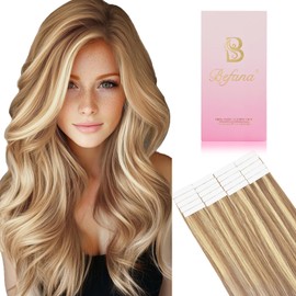 Befana Blonde Tape in Hair Extensions Human Hair, 16inch 20Pcs #16/22 Light Blonde Highlighted Golden Blonde Tape in Hair Extensions,Straight Silky Balayage Tape ins for Women Girls