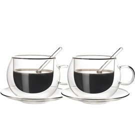 PRTECY Glass Espresso Cups with Saucers and Spoons Set of 2, 8.45 Oz Double Wall Insulated Glass Coffee/Tea Cups Drinking Demitasse Mugs for Cappuccino Latte Tea and More Beverage