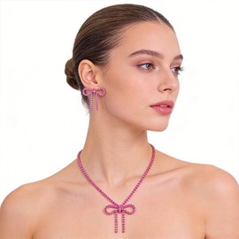 WCRAZYE Rhinestone Bow Jewelry Set for Women Dainty Wedding Earrings Sparkly Crystal Bowknot Pendant Necklace Brides Bow Jewelry (Rose Red)