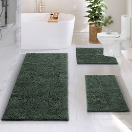 Hearth & Harbor Bathroom Rugs, Chenille Bath Mat - Machine Washable Bath Mats for Bathroom Non-Slip Backing Rubber, Quick Dry Bathroom Mat - Hunter Green Bath Rug, 17x24-26x44-20x24