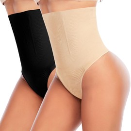 Werena Tummy Control Thong Shapewear for Women Seamless Shaping Thong Panties Body Shaper Underwear(03# Black+Beige-high Rise(Mix Pack),X-Large)