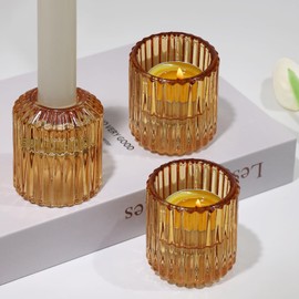 CHOCSTAY Reversible Candle Holder Set of 3 for Votive Candles, Taper Candles, Tealight Candles, and LED Candles, Amber Glass Candle Holder, Candlestick Holders for Wedding, Dinner, Party, Home Decor
