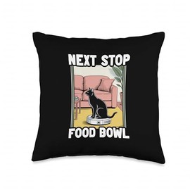 Next Stop Food Bowl Cat On Robot Vacuum Cleaner Funny Cat Throw Pillow