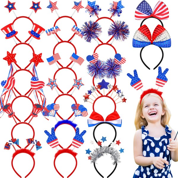 Hanaive 20 Pieces 4th of July Headbands Patriotic Head Boppers