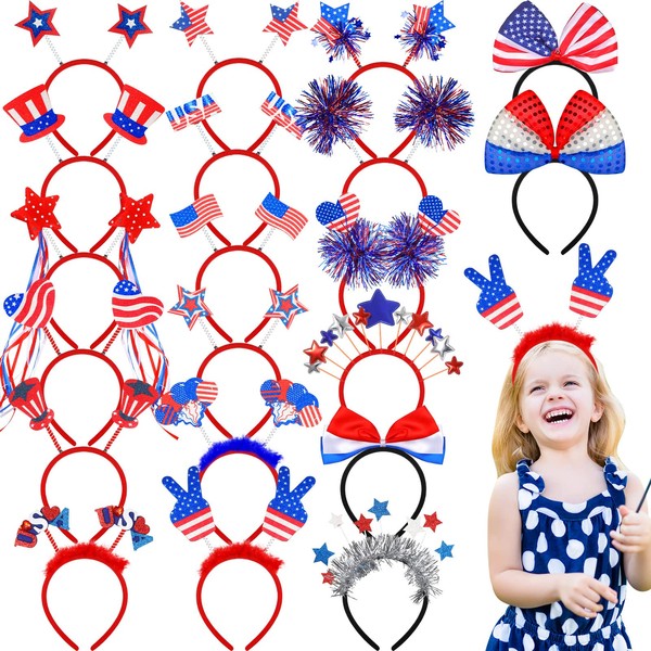Hanaive 20 Pieces 4th of July Headbands Patriotic Head Boppers American Flag Accessories USA Headpiece Star Red White Blue Headwear for Independence Day Labor Day Parade Favors Veterans Day, 20 Styles