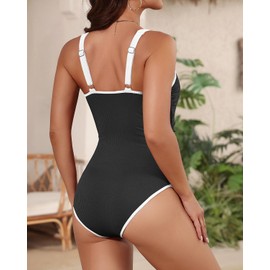Tempt Me Womens Black and White One Piece Swimsuit - Tummy Control Bathing Suit V Wired Ribbed Color Block 2025 Swimwear L