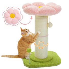 PEQULTI Flower Cat Scratching Post, Small Cat Tree, Scratcher for Indoor Cats with Super Thick Scratching Post [Dia=5.5''], Removable Flower Bed, Cat Scratch Post with Spring Ball, Pink