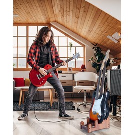 Musbeat Multi Guitar Stand, 3-Tier Black Walnut Wood Electric Guitar Stand for 3 Electric or Bass, Multiple Instrument Rack for Men, Wooden Floor Electric Bass Rack for Home Decor and Studio Display