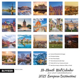 European Destinations 2025 Wall Calendar | 12" x 24" Open Hangable Monthly | Thick & Sturdy Paper | Take a Tour of Europe | Family Planner Calendar Jul.2024 - Dec.2025