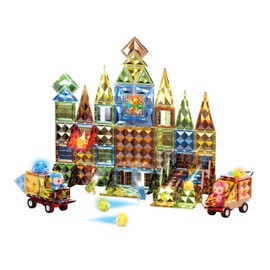Deluxe Quality Magnetic Tiles Building Set with Attractive Reflective Pattern, LED Lights, Marble Run, and Cars - STEM Educational Toy for Creative Kids Girls Boys 3+ (147 pcs Big Castle with 2 Cars)