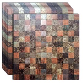 sanyeskkiy 10 Sheets Peel and Stick Backsplash Tile, Self-Adhesive Mosaic Tile, Stick on Kitchen, Bathroom Vanities, Fireplace Décor, Laundry Table(11.8" X 11.8") (Wooden Red&Printed Black)