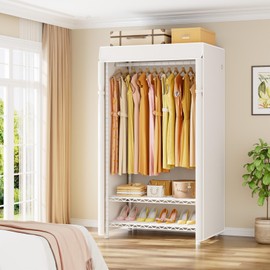 ULIFHOME H5C Clothes Rack with Cover, Portable Closet for Hanging Clothes, Covered Clothing Racks Heavy Duty, Freestanding Garment Racks with Shelves Max Load 360LBS White Closet Rack with White Cover