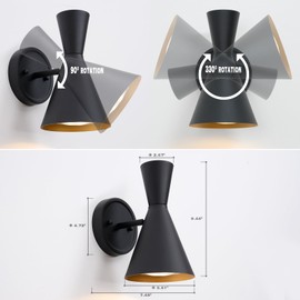 HEQIQEH Modern Battery Powered Wall Sconces Light Set of 2 with Flared Funnel Metal Shade, 13 RGB Remote Control Dimmable Adjustable Wall Mounted Lamp for Galleries, Hallway, Bedroom, Hotels