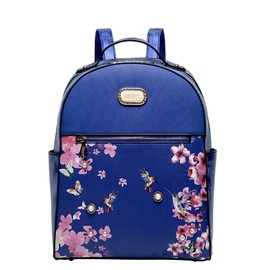 BRANGIO Blossom Symphony Women's Backpack - Elegant Floral and Hummingbird Design with Crystal Accents and Leather Finish (Royal Blue)