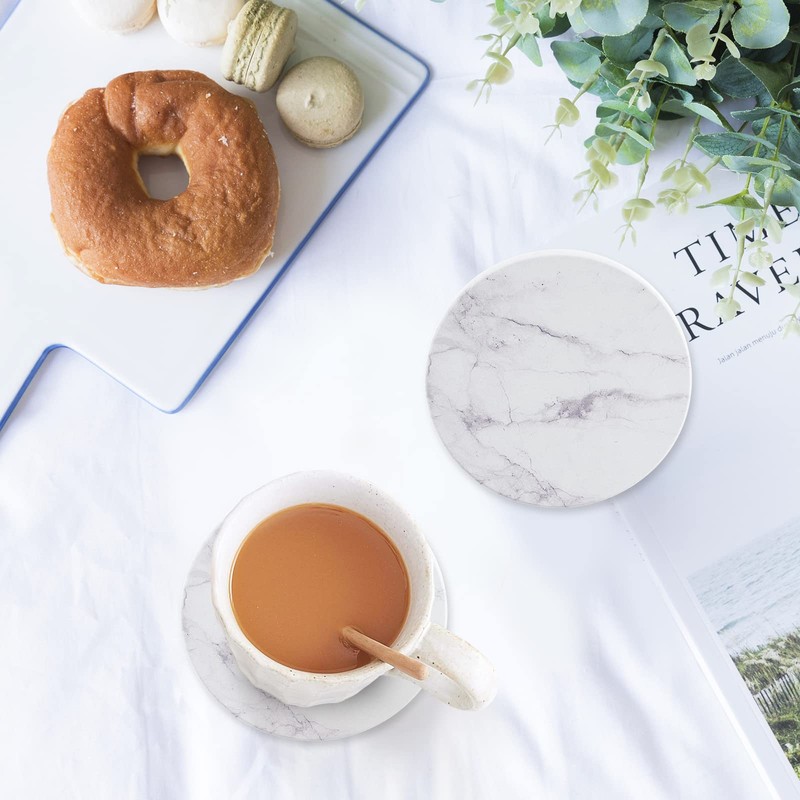 White Coasters,Geichan Coasters Set of 6, Ceramic Marble Coaster with