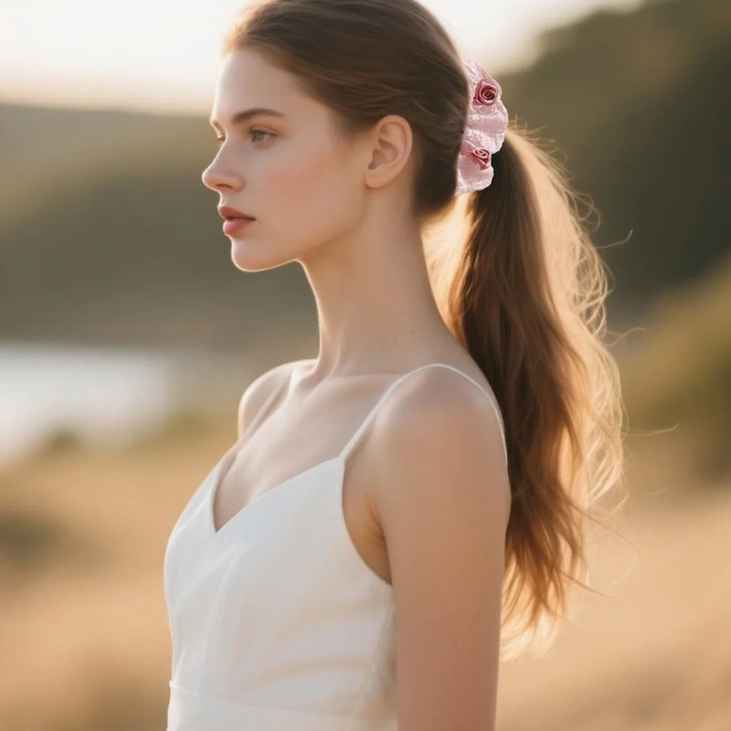 2Pcs Lace Scrunchies for Women,Sweet Pink and Yellow Flower Satin