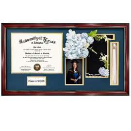 GraduationMall Class of 2025 Graduation Frame for 8.5x11 Diploma & 4x6 Photo with Graduation Cap & Tassel Holder, Cherry Wood Display Case with Navy Gold Mat