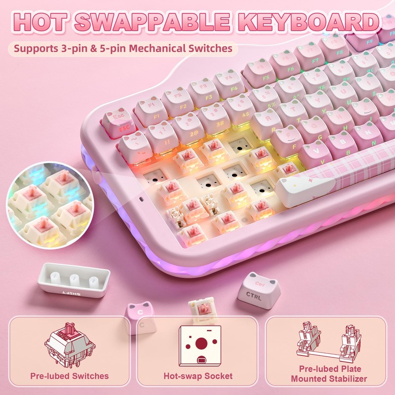 YUNZII C98 Cute Wireless Mechanical Keyboard(Pink Mao, Candy Switch)