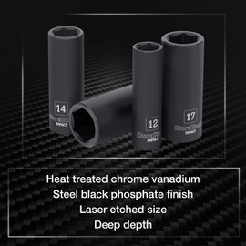 DURATECH 10 Piece 3/8 Inch Drive Impact Socket Set, Including 8PCS Deep Impact Sockets in Metric Sizes (8/10/11/12/13/14/17/19mm) & 2PCS 1/4 Inch Hexagon Extension Bars