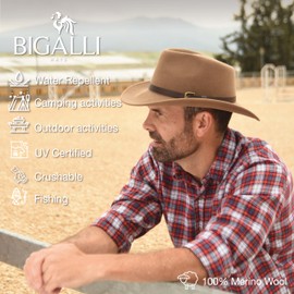 Bigalli Melbourne 100% Wool Felt Cowboy Fedora Hat for Men Women Crushable Teardrop Shape Leather with Buckle Detail, Sun Protection Water Repellent | Chocolate X Large | Fall Winter Outback