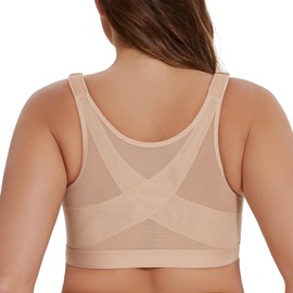 MELENECA Women's Front Closure Wirefree Post Surgery Plus Size Back Support Posture Bra Beige 34D